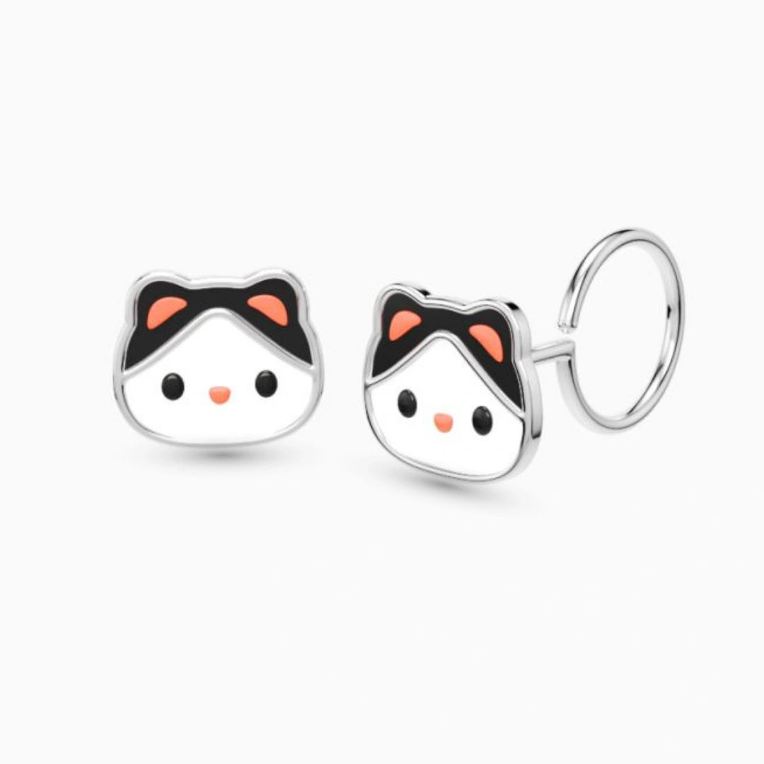 anting anak emas putih model loop end Neko berbentuk karakter kucing warna putih dengan telinga hitam dan orange hypoallergenic aman untuk kulit sensitif