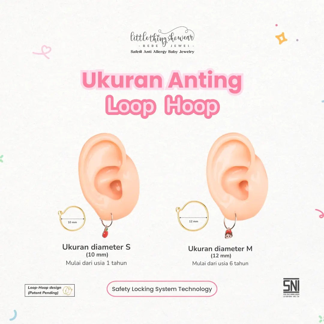 ukuran anting anak model loop hoop Little Sylvie tema princess emas diameter S 10mm dan M 12mm