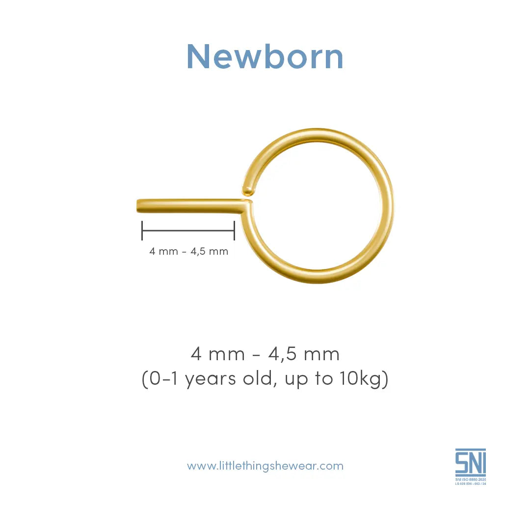 Panduan ukuran anting bayi Newborn Littlethinghsewear, panjang loop 4 mm - 4,5 mm untuk usia 0-1 tahun dengan berat badan hingga 10 kg