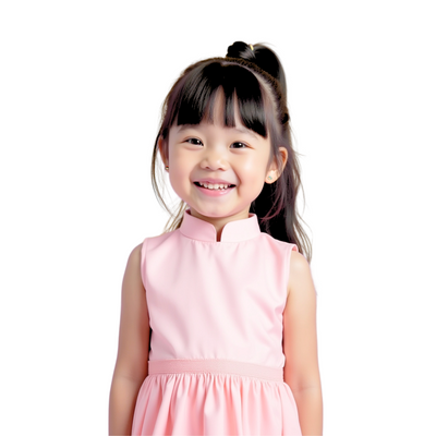 Anak perempuan tersenyum ceria mengenakan anting emas sebagai representasi koleksi anting emas anak littlethingshewear