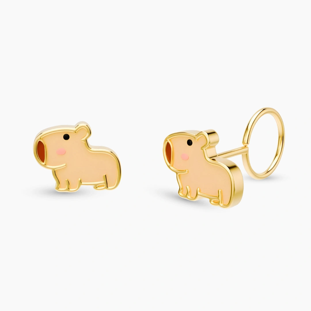 anting anak emas 17 karat model loop end Cappybara berbentuk karakter capybara hypoallergenic aman untuk kulit sensitif