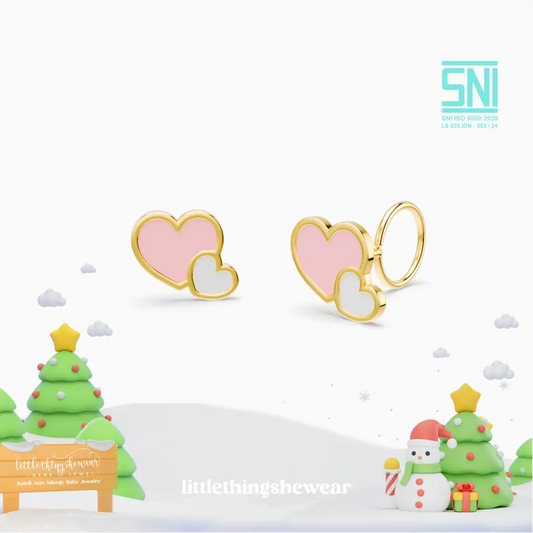 anting anak emas model loop end Carys berbentuk love hati warna pink dan putih hypoallergenic aman untuk kulit sensitif