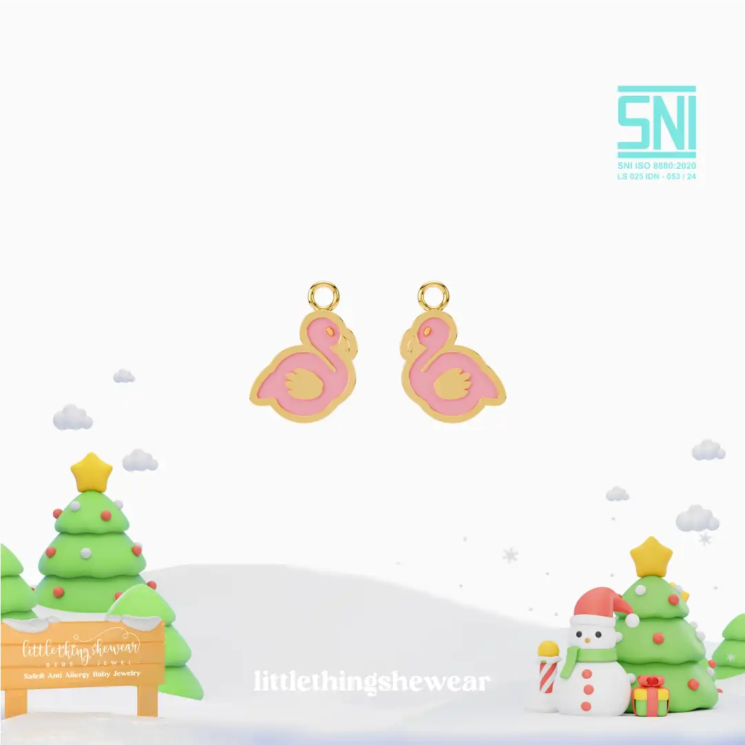 pendant anting anak emas Flamingo berbentuk karakter flamingo warna pink untuk model loop hoop hypoallergenic aman untuk kulit sensitif