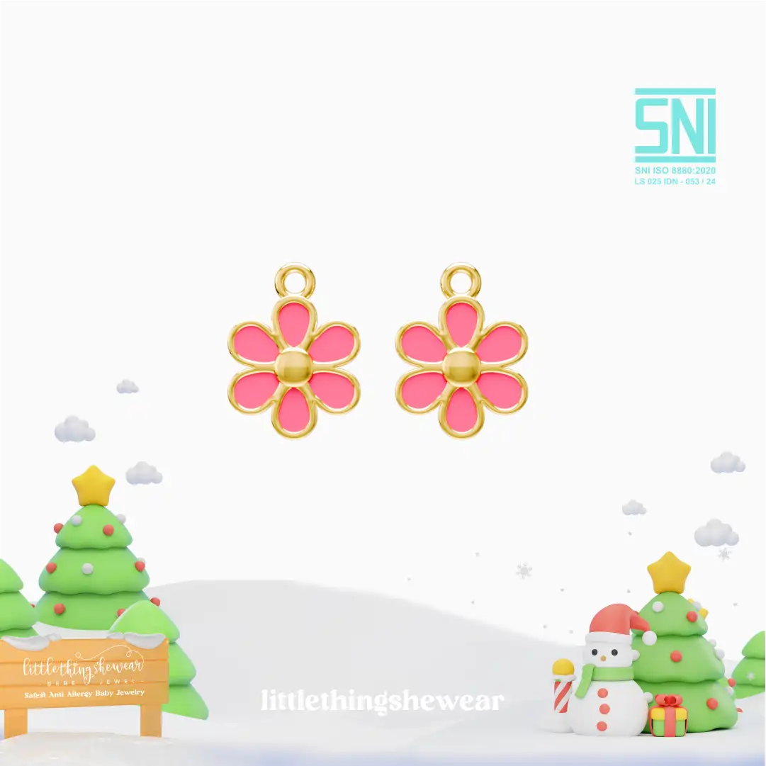 pendant anting anak emas Flower berbentuk bunga warna pink untuk model loop hoop hypoallergenic aman untuk kulit sensitif