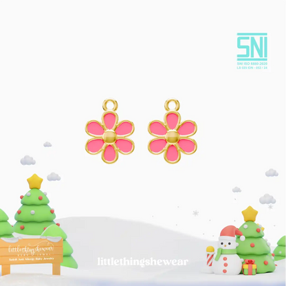 pendant anting anak emas Flower berbentuk bunga warna pink untuk model loop hoop hypoallergenic aman untuk kulit sensitif