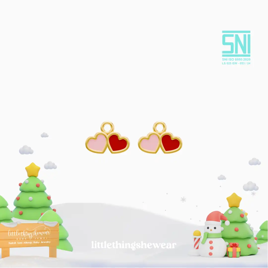 pendant anting anak emas Little Carys bentuk love warna pink dan merah untuk model loop hoop, hypoallergenic dan aman untuk kulit sensitif