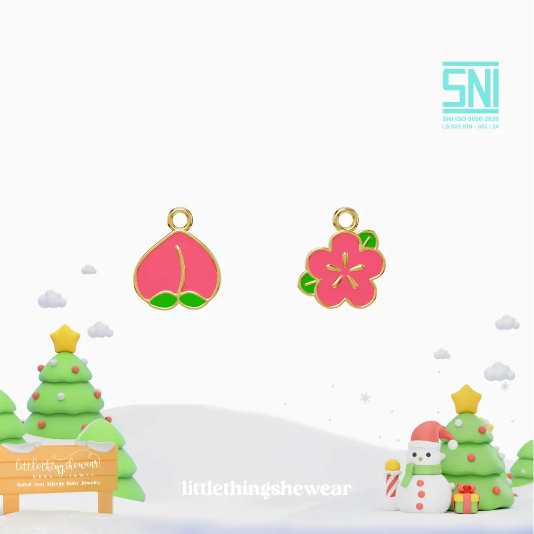 pendant anting anak emas Peach berbentuk buah peach warna pink peach atau buah bunga sakura untuk model loop hoop hypoallergenic aman untuk kulit sensitif