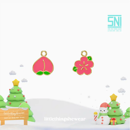 pendant anting anak emas Peach berbentuk buah peach warna pink peach atau buah bunga sakura untuk model loop hoop hypoallergenic aman untuk kulit sensitif