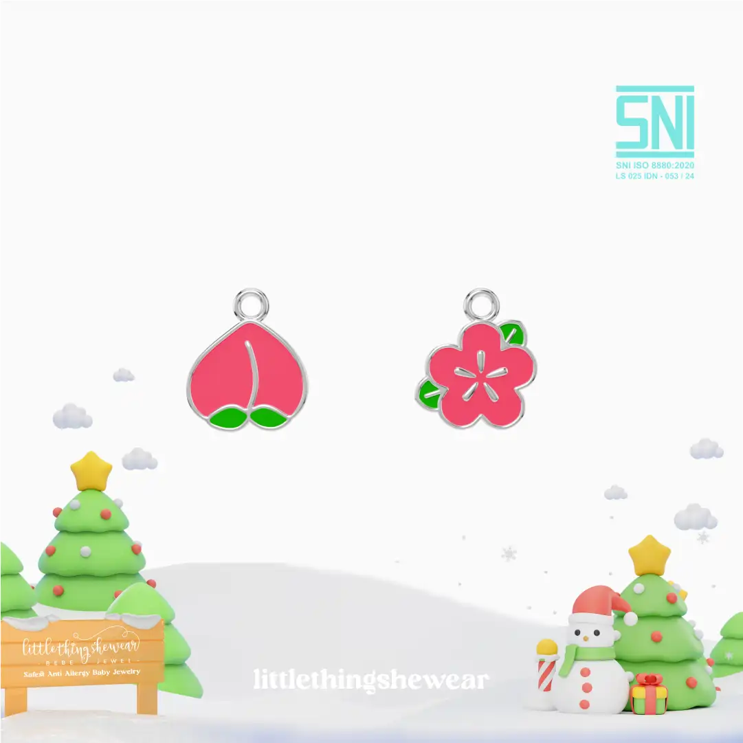pendant anting anak emas putih Peach berbentuk buah peach warna pink peach atau buah bunga sakura untuk model loop hoop hypoallergenic aman untuk kulit sensitif