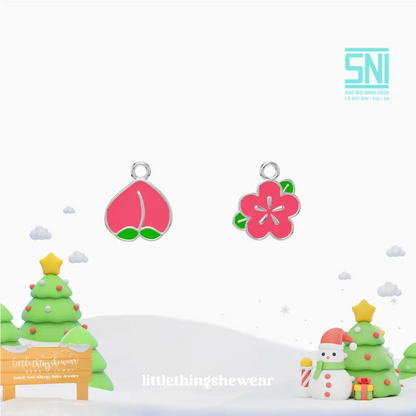 pendant anting anak emas putih Peach berbentuk buah peach warna pink peach atau buah bunga sakura untuk model loop hoop hypoallergenic aman untuk kulit sensitif