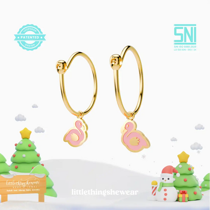 anting anak emas model loop hoop Flamingo berbentuk karakter flamingo warna pink hypoallergenic aman untuk kulit sensitif
