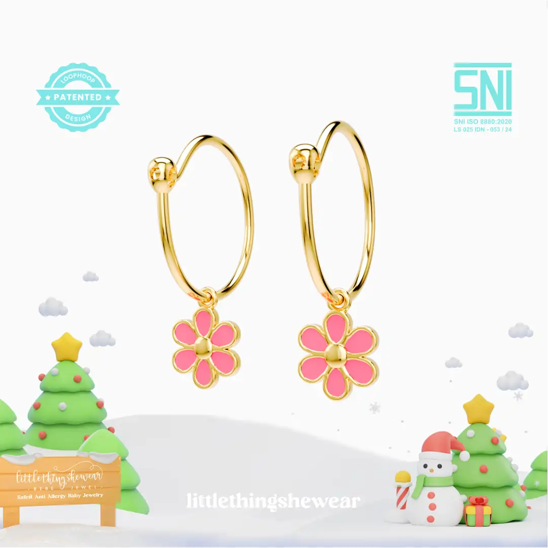 anting anak emas model loop hoop Flower berbentuk bunga warna pink hypoallergenic aman untuk kulit sensitif