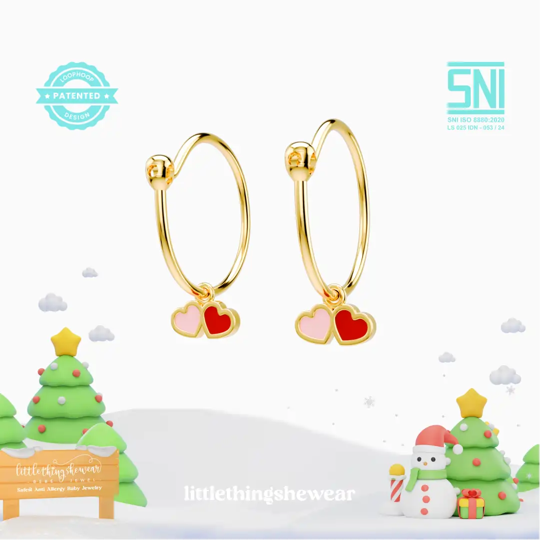 anting anak emas model loop hoop Little Carys bentuk love warna pink dan merah hypoallergenic aman untuk kulit sensitif
