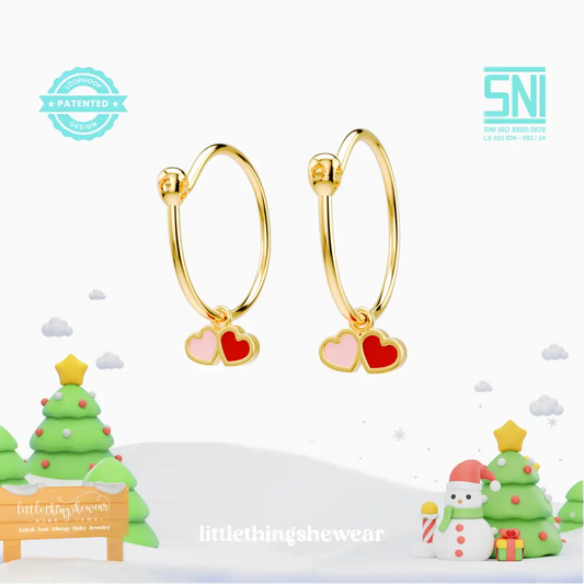 anting anak emas model loop hoop Little Carys bentuk love warna pink dan merah hypoallergenic aman untuk kulit sensitif