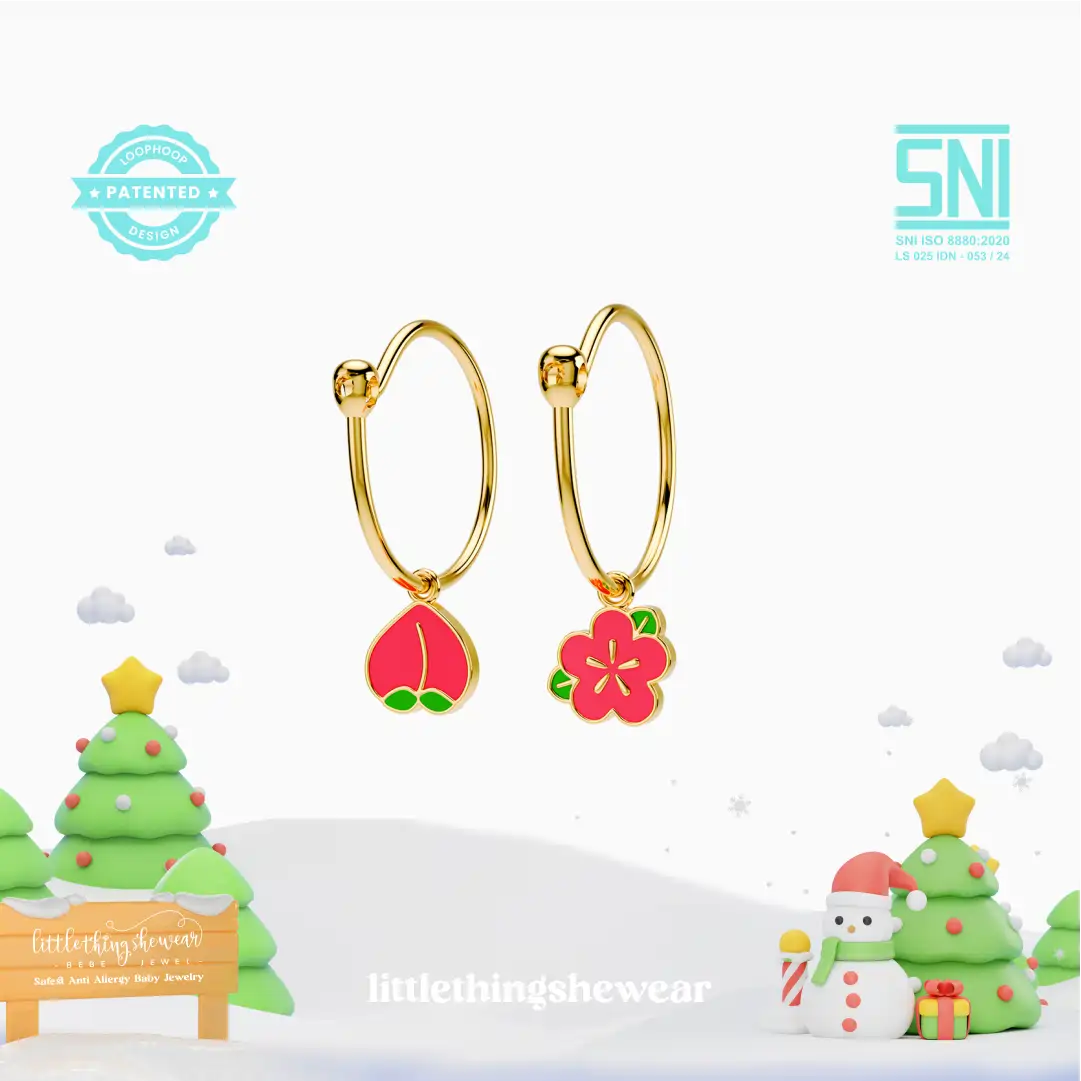 anting anak emas model loop hoop Peach berbentuk buah peach warna pink peach atau buah bunga sakura hypoallergenic aman untuk kulit sensitif