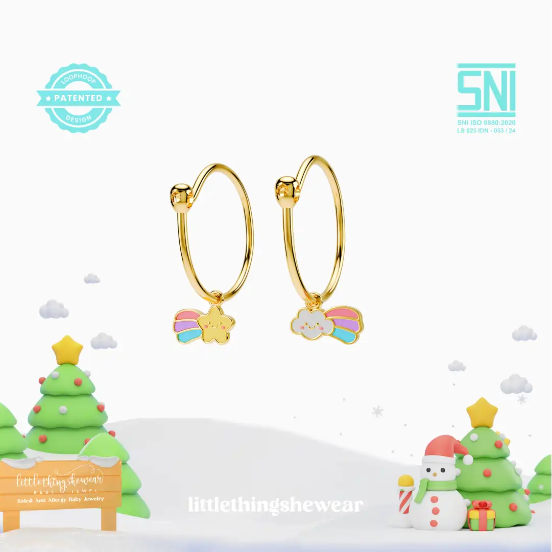 anting anak emas model loop hoop Shooting Star bentuk bintang dan awan hypoallergenic aman untuk kulit sensitif