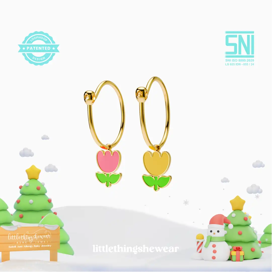 anting anak emas model loop hoop dengan bentuk bunga tulip hypoallergenic aman untuk kulit sensitif
