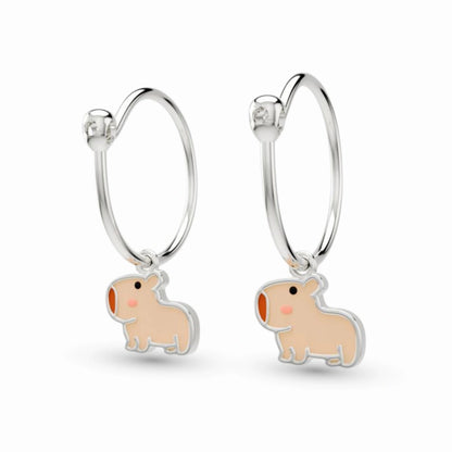 anting anak emas putih model loop hoop karakter capybara hypoallergenic aman untuk kulit sensitif