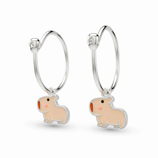 anting anak emas putih model loop hoop karakter capybara hypoallergenic aman untuk kulit sensitif