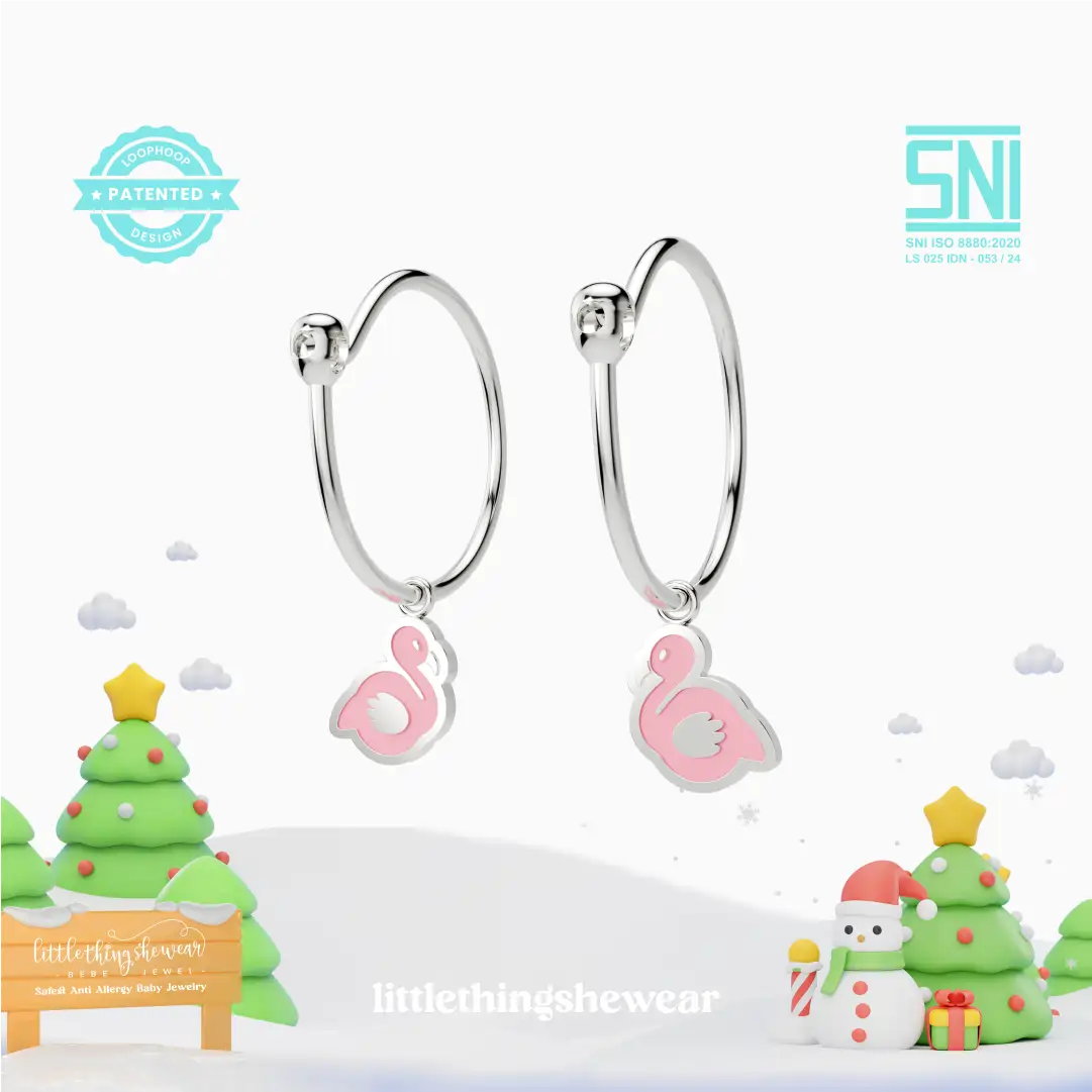anting anak emas putih model loop hoop Flamingo berbentuk karakter flamingo warna pink hypoallergenic aman untuk kulit sensitif