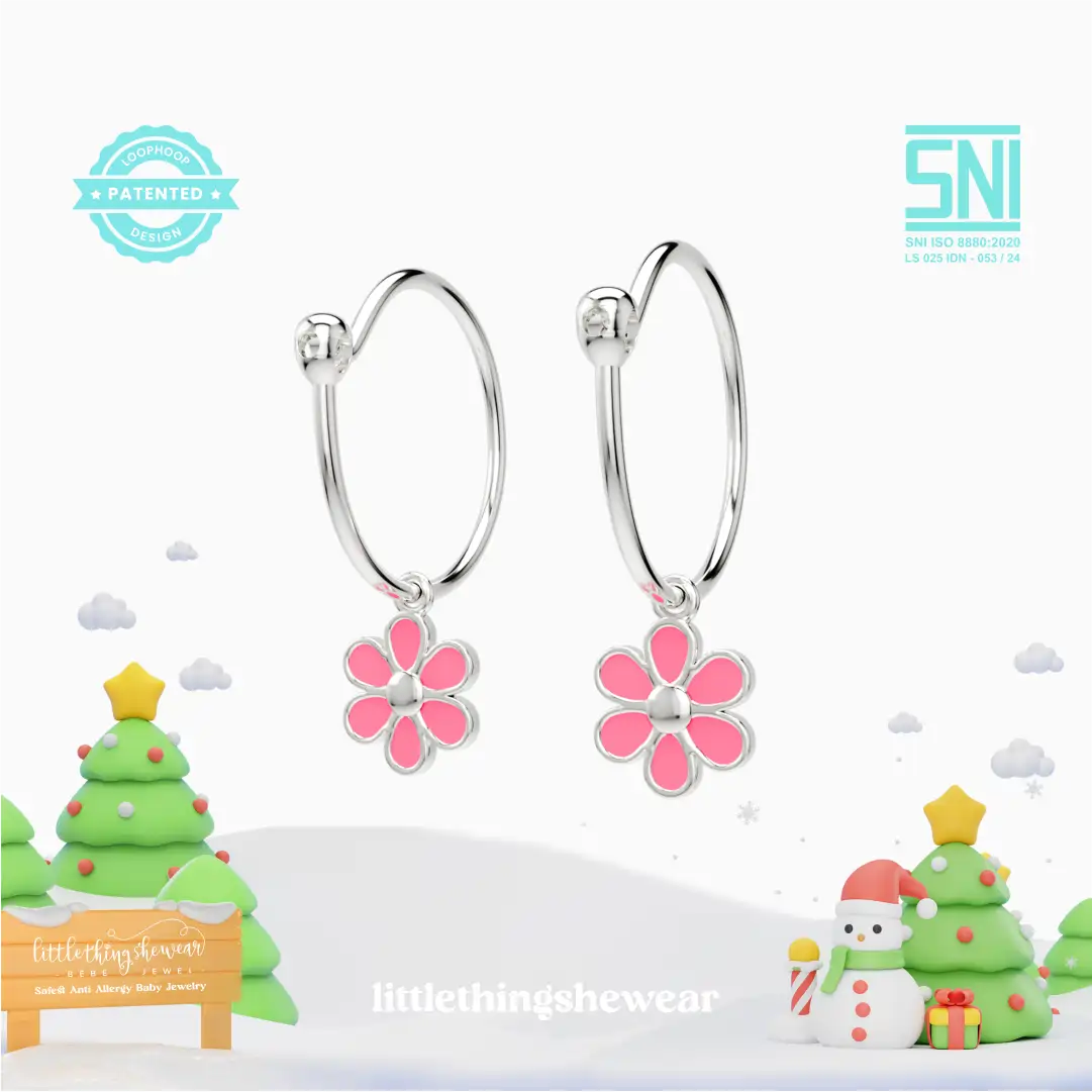 anting anak emas putih model loop hoop Flower berbentuk bunga warna pink hypoallergenic aman untuk kulit sensitif