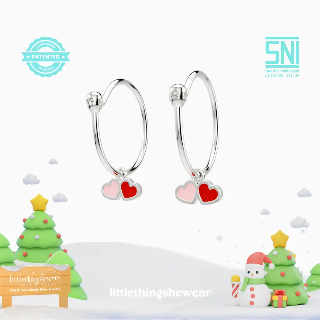 anting anak emas putih model loop hoop Little Carys bentuk love warna pink dan merah hypoallergenic aman untuk kulit sensitif