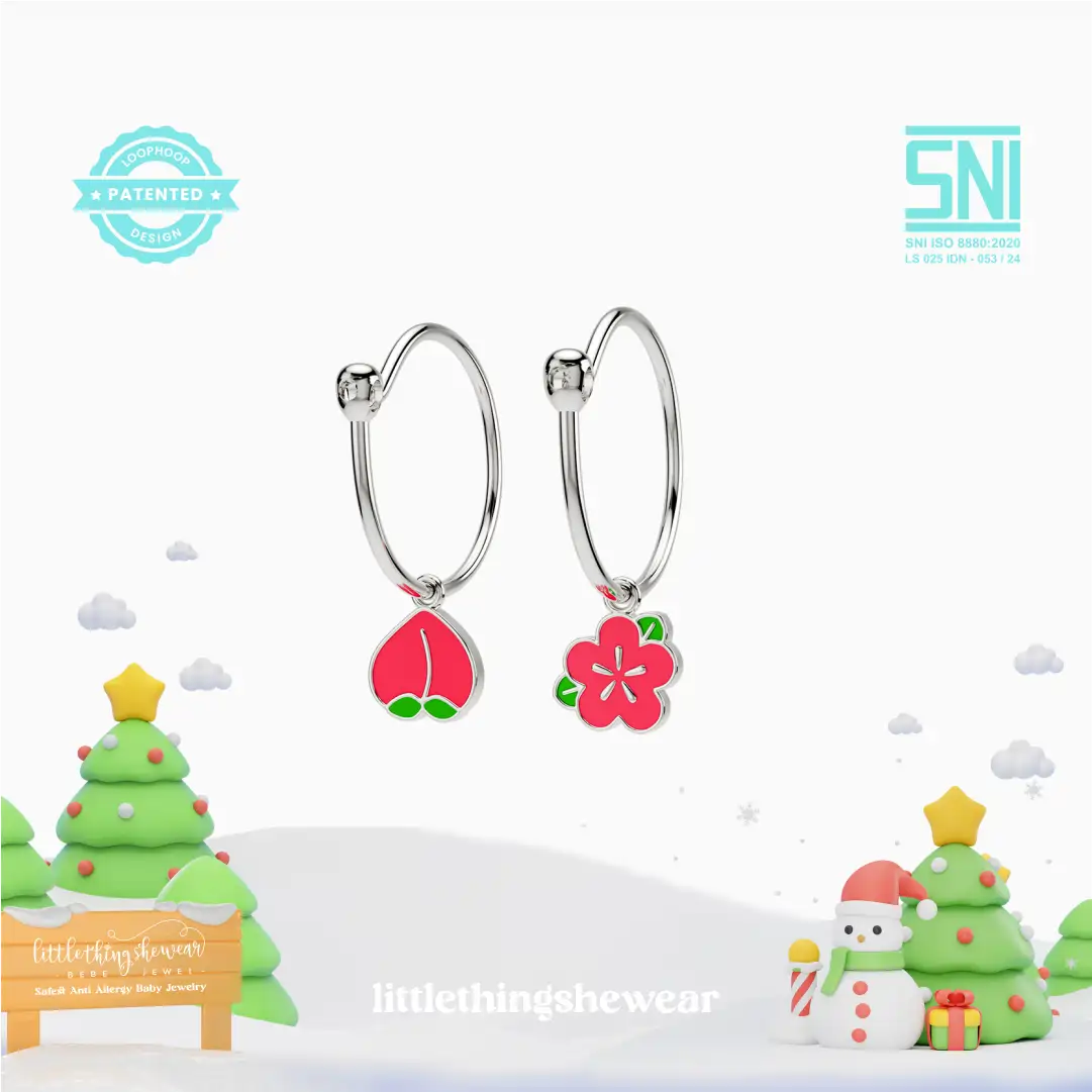 anting anak emas putih model loop hoop Peach berbentuk buah peach warna pink peach atau buah bunga sakura hypoallergenic aman untuk kulit sensitif