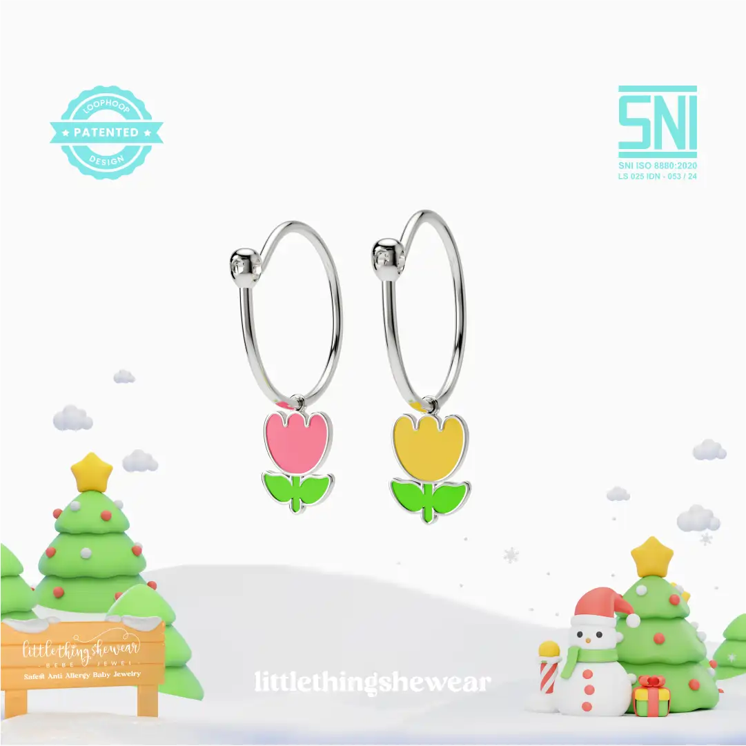 anting anak emas putih model loop hoop dengan bentuk bunga tulip hypoallergenic aman untuk kulit sensitif