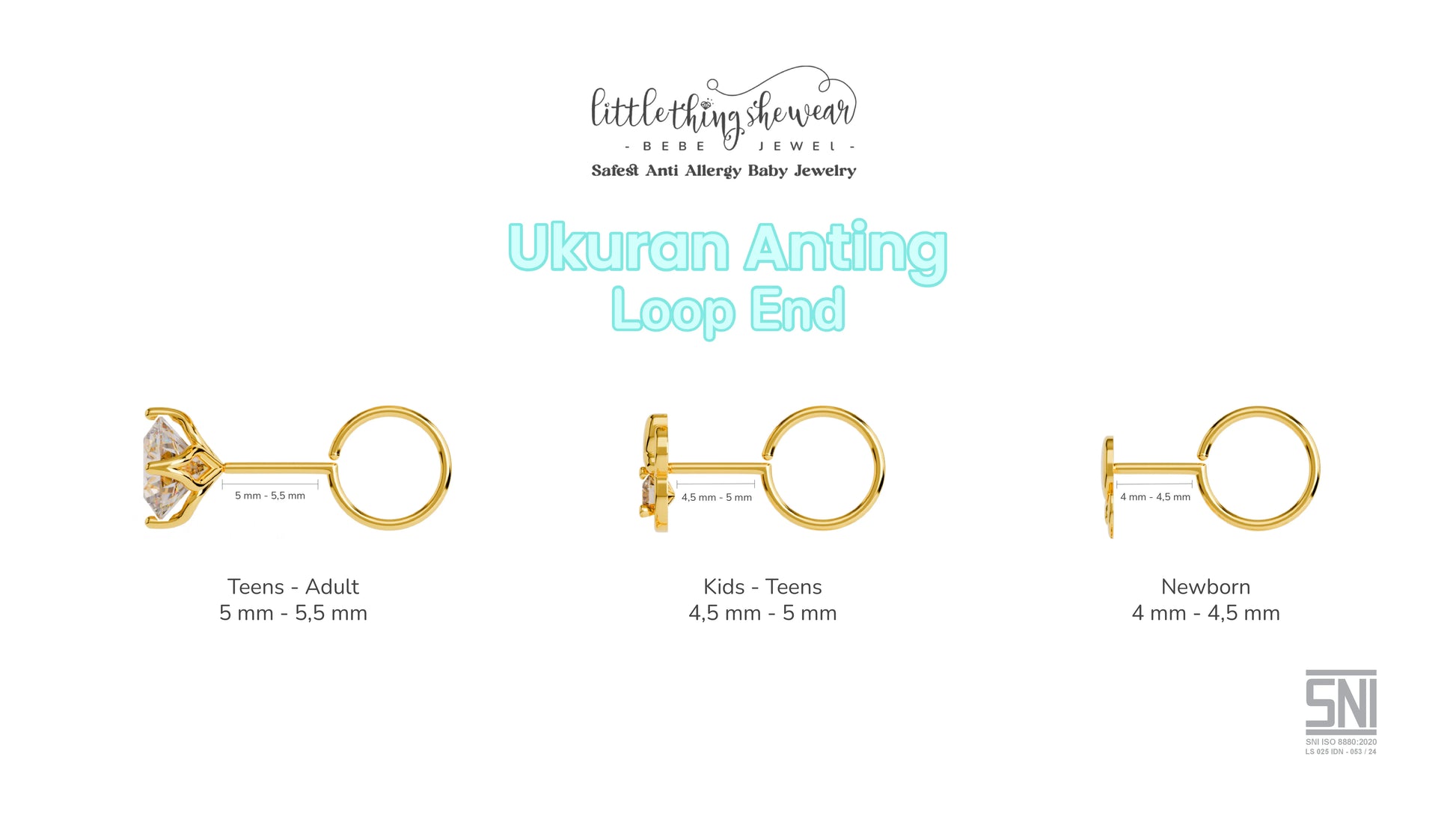 ukuran anting bayi anak remaja dewasa model loop end 