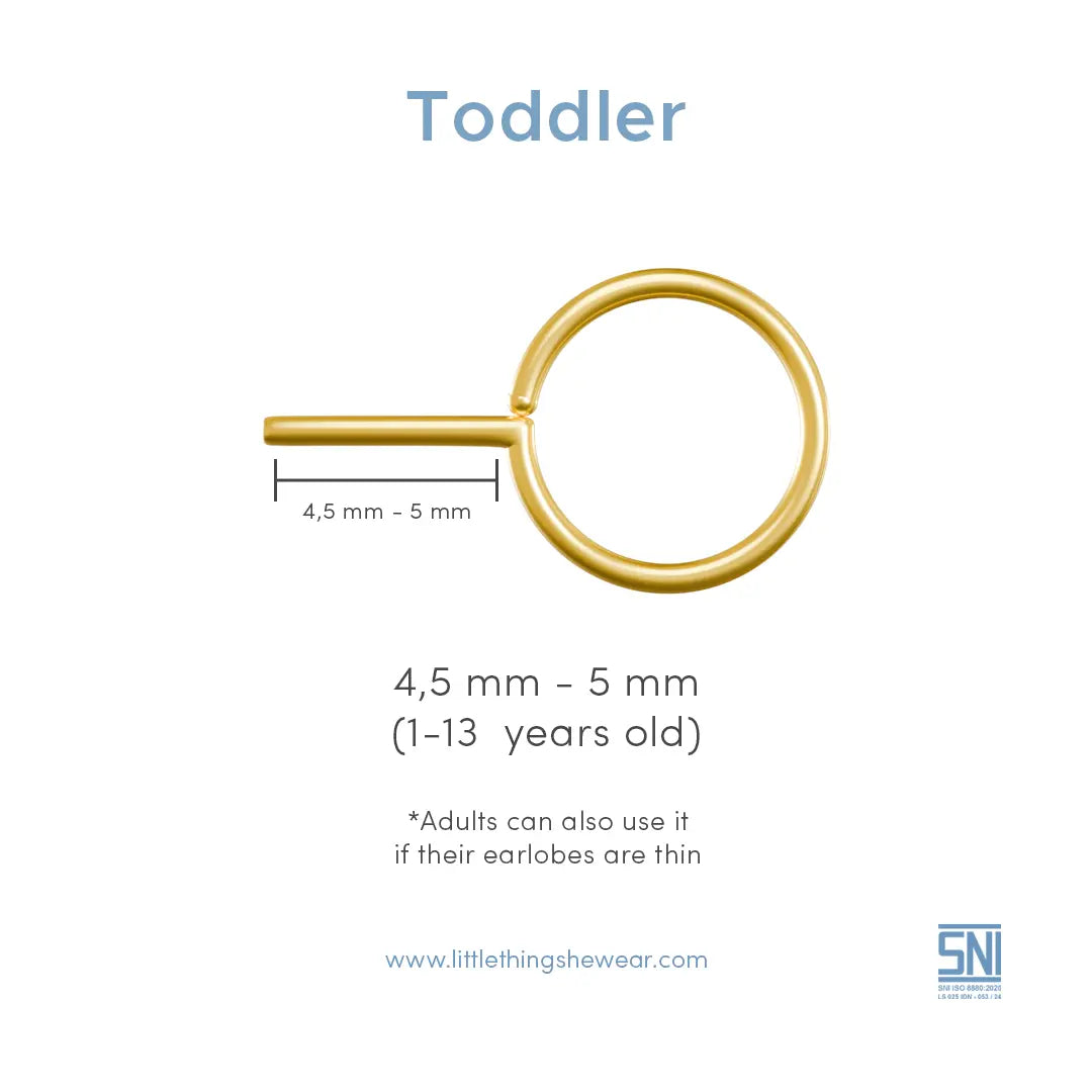 Panduan ukuran anting anak Toddler Littlethinghsewear, panjang loop 4,5 mm - 5 mm untuk usia 1-13 tahun, juga dapat digunakan orang dewasa dengan cuping telinga tipis