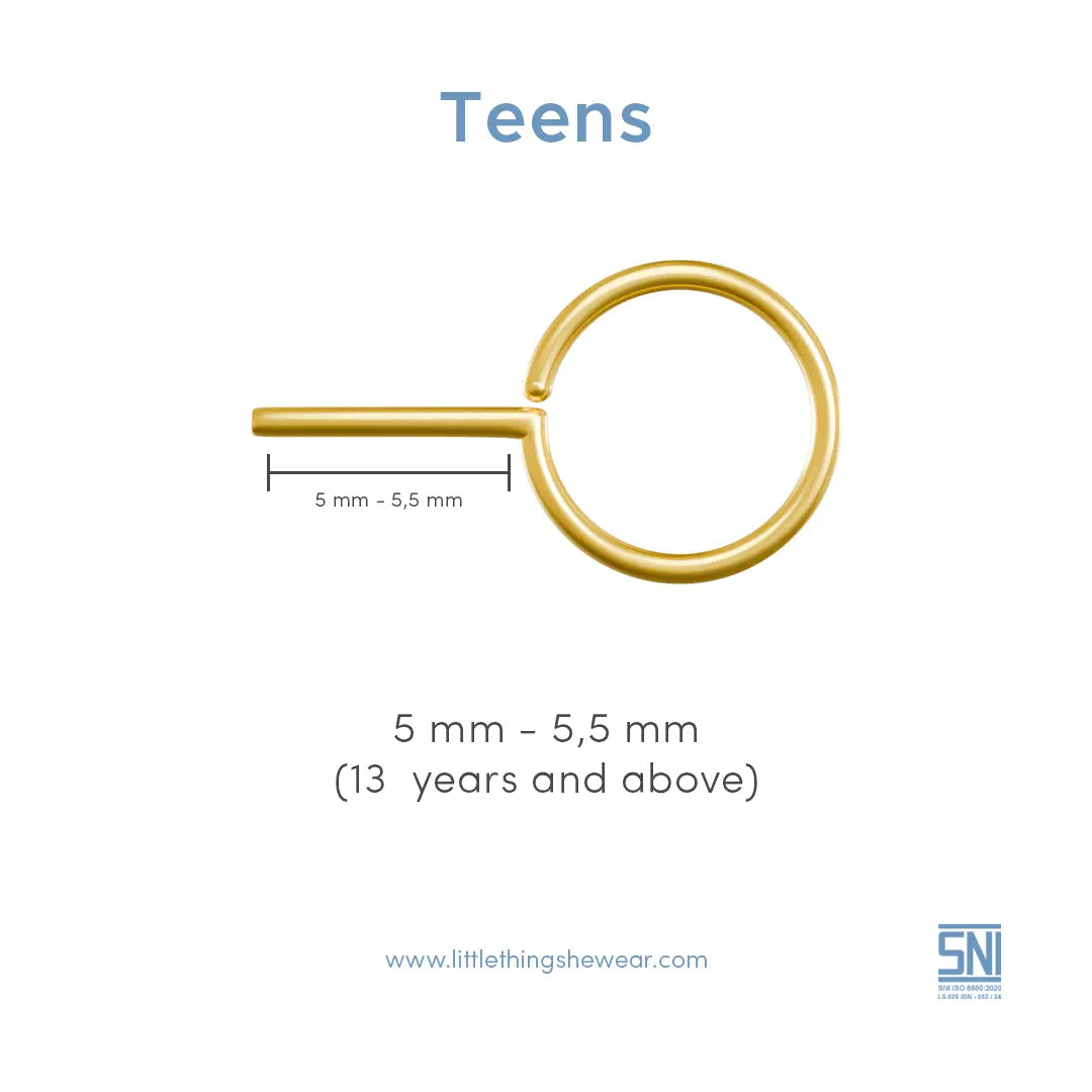 Panduan ukuran anting remaja Teens Littlethinghsewear, panjang loop 5 mm - 5,5 mm untuk usia 13 tahun ke atas