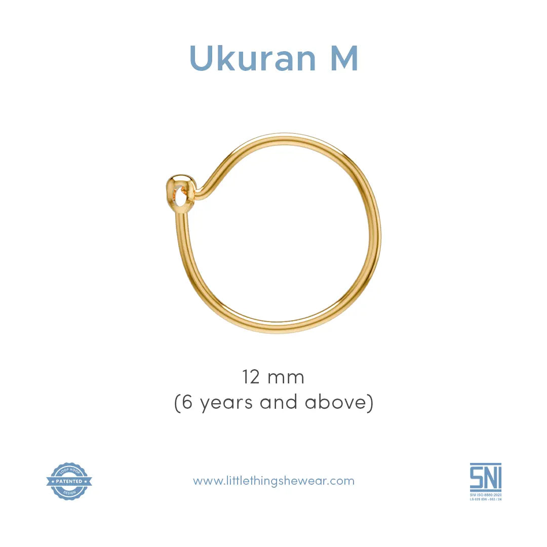 ukuran anting anak model loop hoop  emas diameter M 12mm untuk anak berumur 6 tahun dan 6 tahun ke atas