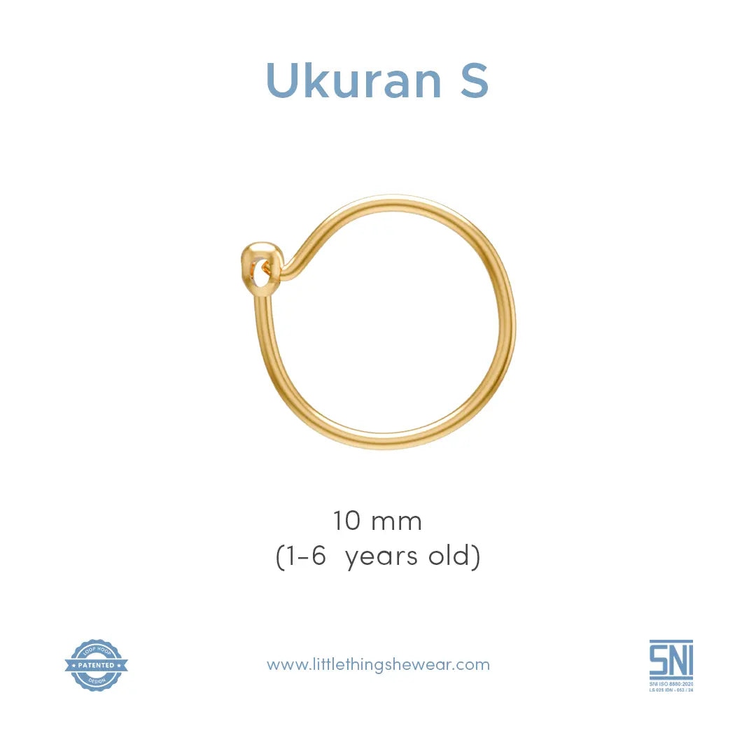 ukuran anting anak model loop hoop  emas diameter S 10mm untuk anak berumur 1 hingga 6 tahun
